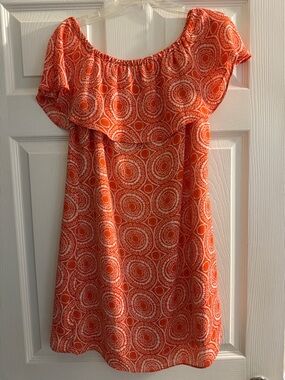 Michael Kors Orange and White Off-Shoulder Mini Dress